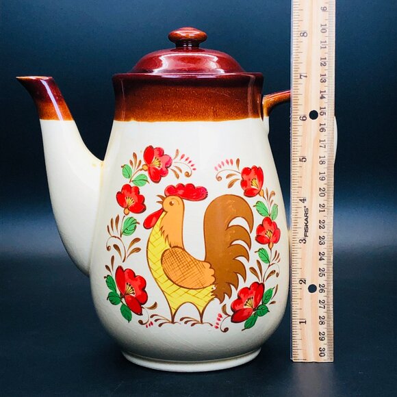 Vintage 70s Rooster Red Poppies Teapot Coffee Pot: Retro Farmhouse Kitchen Decor - Picture 11 of 12
